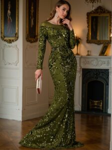 Elegant Olive Green Stylish Sequin Mermaid Evening Gown, Perfect for parties, prom, graduation day, and ceremonies for university, college, and high school, Formal Evening Dinner Cocktail, Wedding Guest Gown, Chic, Classy and Trendy Fashion Style to Dress to Impress.