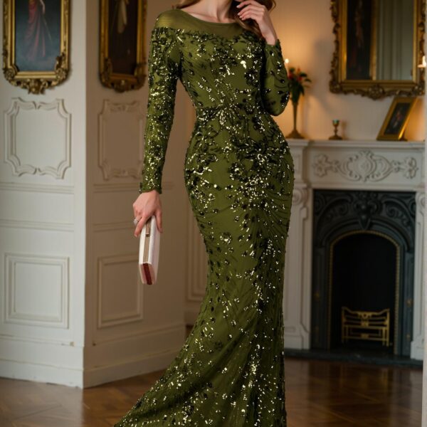 Elegant Olive Green Stylish Sequin Mermaid Evening Gown, Perfect for parties, prom, graduation day, and ceremonies for university, college, and high school, Formal Evening Dinner Cocktail, Wedding Guest Gown, Chic, Classy and Trendy Fashion Style to Dress to Impress.