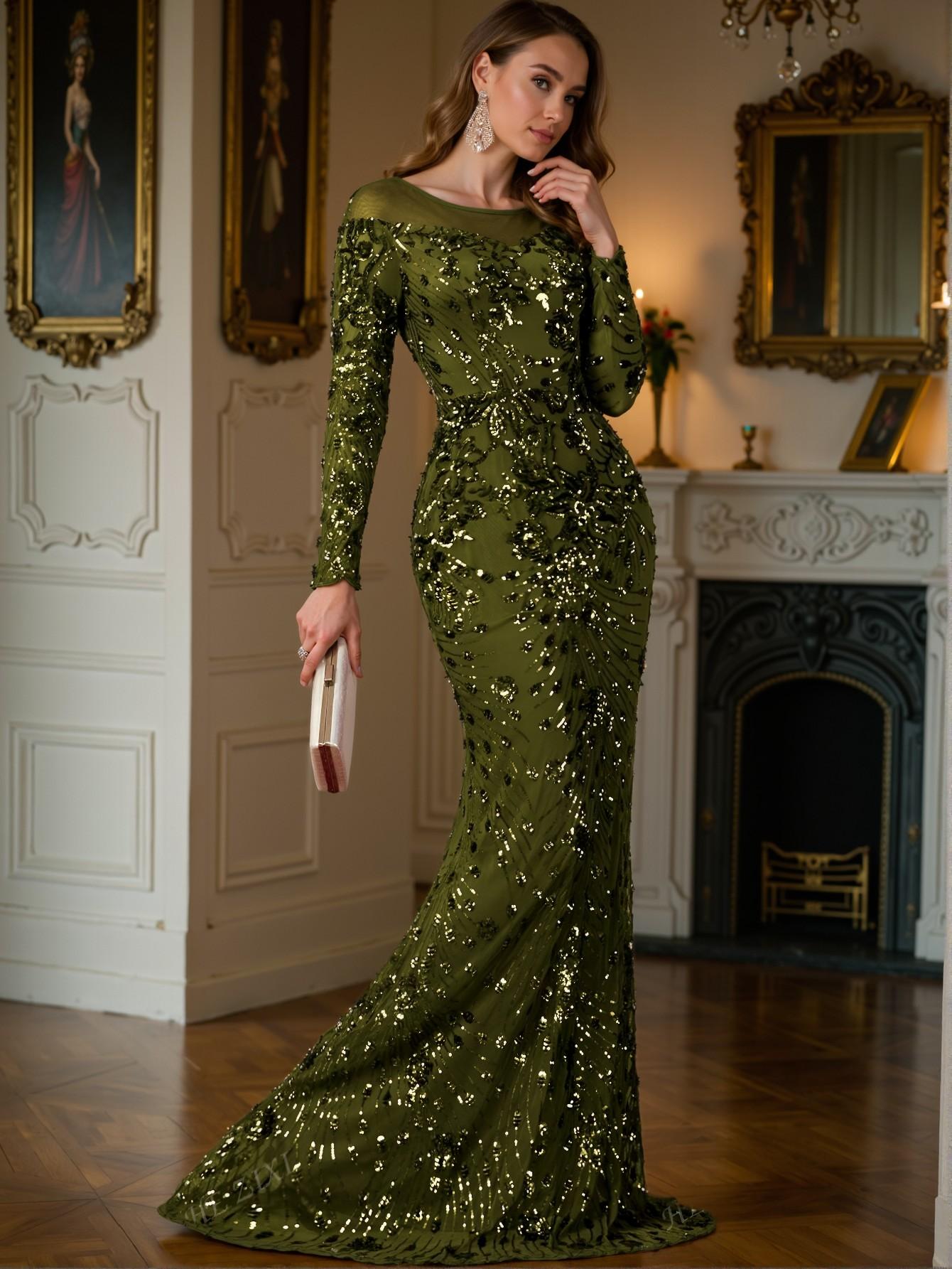 Elegant Olive Green Stylish Sequin Mermaid Evening Gown, Perfect for parties, prom, graduation day, and ceremonies for university, college, and high school, Formal Evening Dinner Cocktail, Wedding Guest Gown, Chic, Classy and Trendy Fashion Style to Dress to Impress.