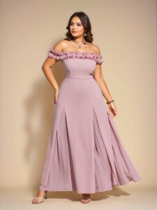 Elegant Dusty Pink Off Shoulder Chiffon Pleated Maxi Dress with Romantic Lace Details for Wedding Guests in Spring and Summer - Chic, Classy and Trendy Fashion Style to Dress to Impress