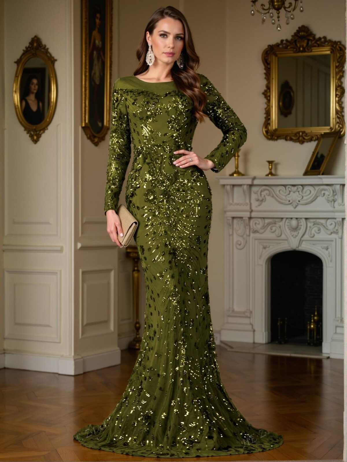 Elegant Olive Green Stylish Sequin Mermaid Evening Gown, Perfect for parties, prom, graduation day, and ceremonies for university, college, and high school, Formal Evening Dinner Cocktail, Wedding Guest Gown, Chic, Classy and Trendy Fashion Style to Dress to Impress. - Image 2