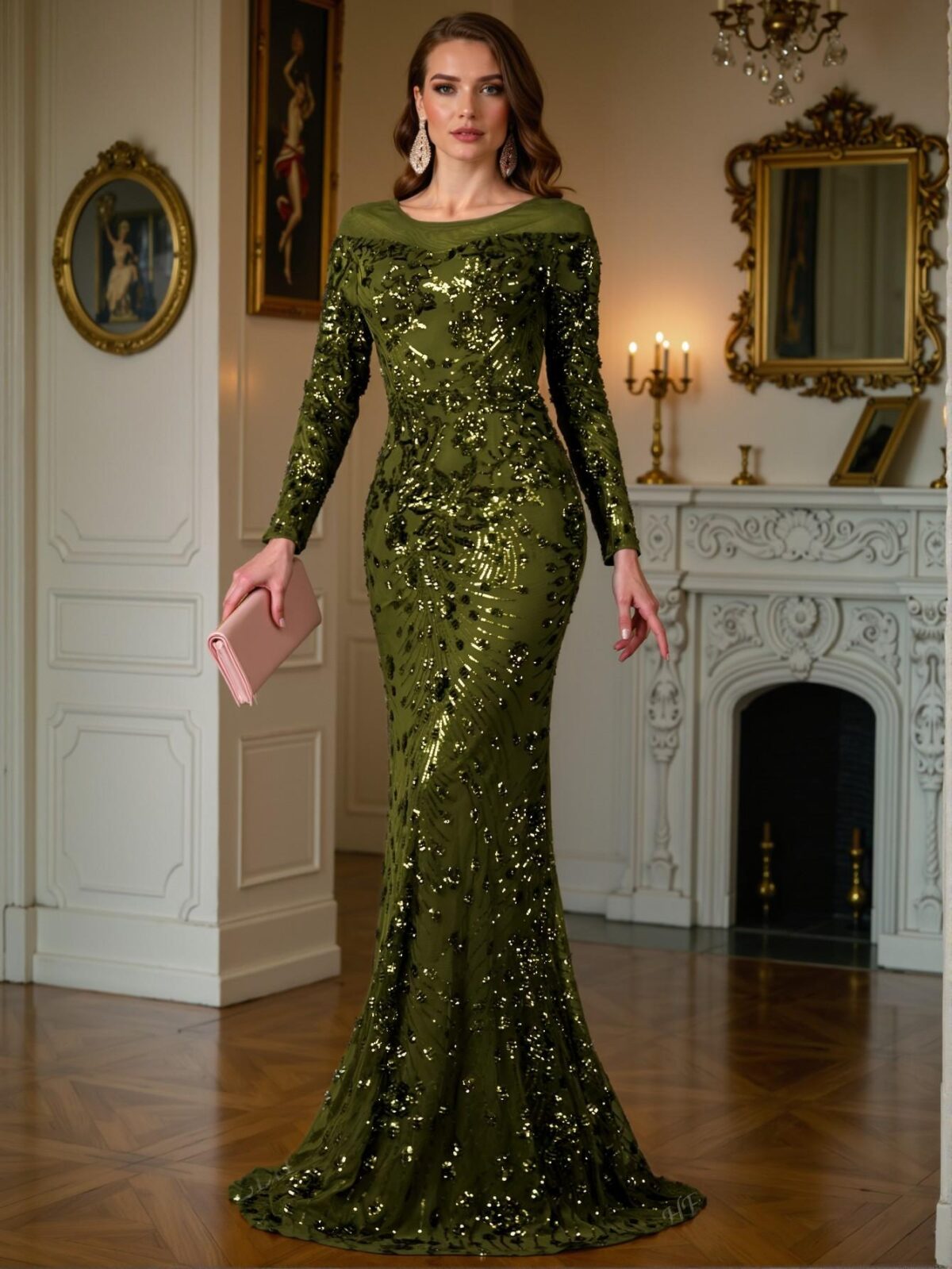 Elegant Olive Green Stylish Sequin Mermaid Evening Gown, Perfect for parties, prom, graduation day, and ceremonies for university, college, and high school, Formal Evening Dinner Cocktail, Wedding Guest Gown, Chic, Classy and Trendy Fashion Style to Dress to Impress. - Image 3