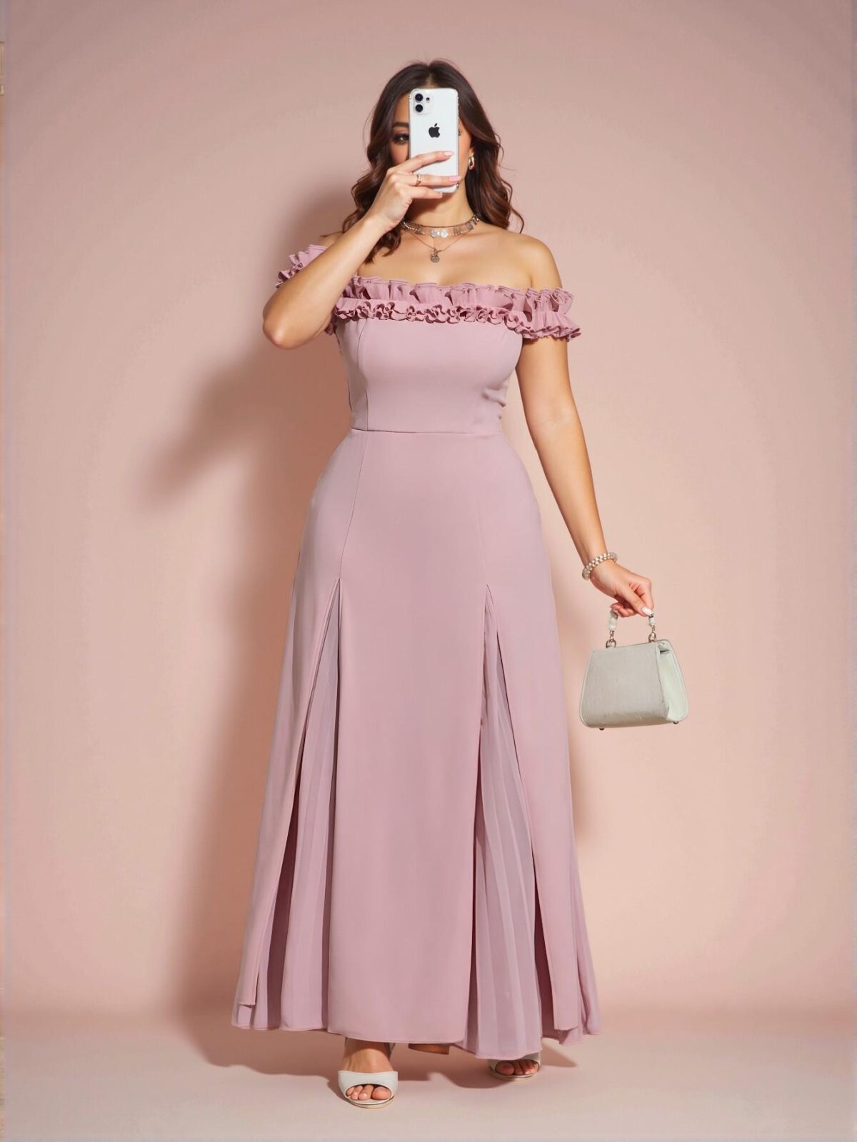 Elegant Dusty Pink Off Shoulder Chiffon Pleated Maxi Dress with Romantic Lace Details for Wedding Guests in Spring and Summer - Chic, Classy and Trendy Fashion Style to Dress to Impress - Image 3