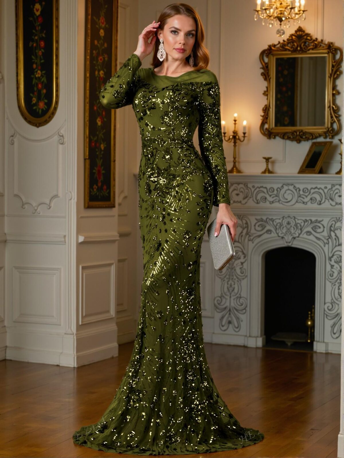 Elegant Olive Green Stylish Sequin Mermaid Evening Gown, Perfect for parties, prom, graduation day, and ceremonies for university, college, and high school, Formal Evening Dinner Cocktail, Wedding Guest Gown, Chic, Classy and Trendy Fashion Style to Dress to Impress. - Image 4