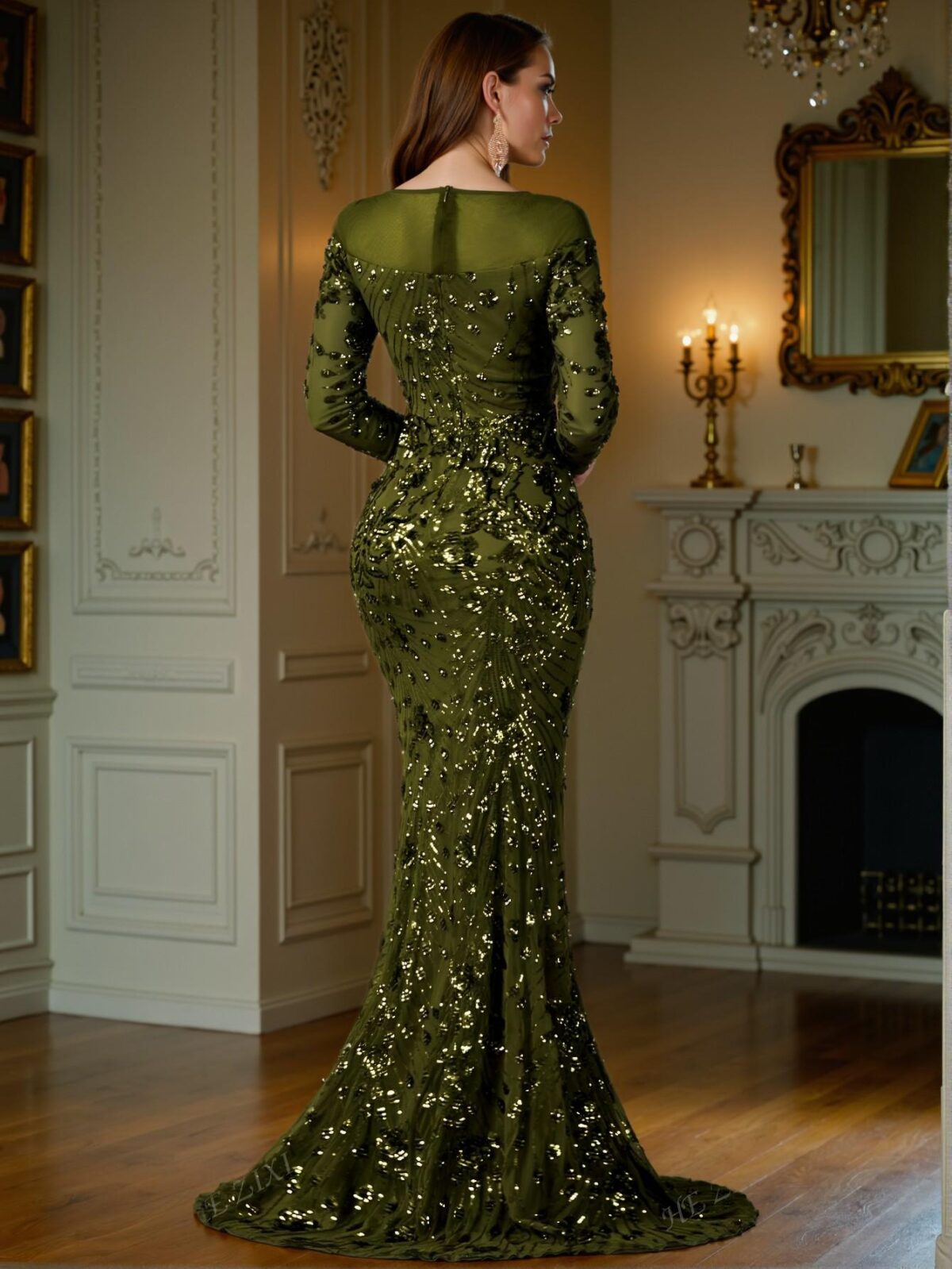 Elegant Olive Green Stylish Sequin Mermaid Evening Gown, Perfect for parties, prom, graduation day, and ceremonies for university, college, and high school, Formal Evening Dinner Cocktail, Wedding Guest Gown, Chic, Classy and Trendy Fashion Style to Dress to Impress. - Image 5