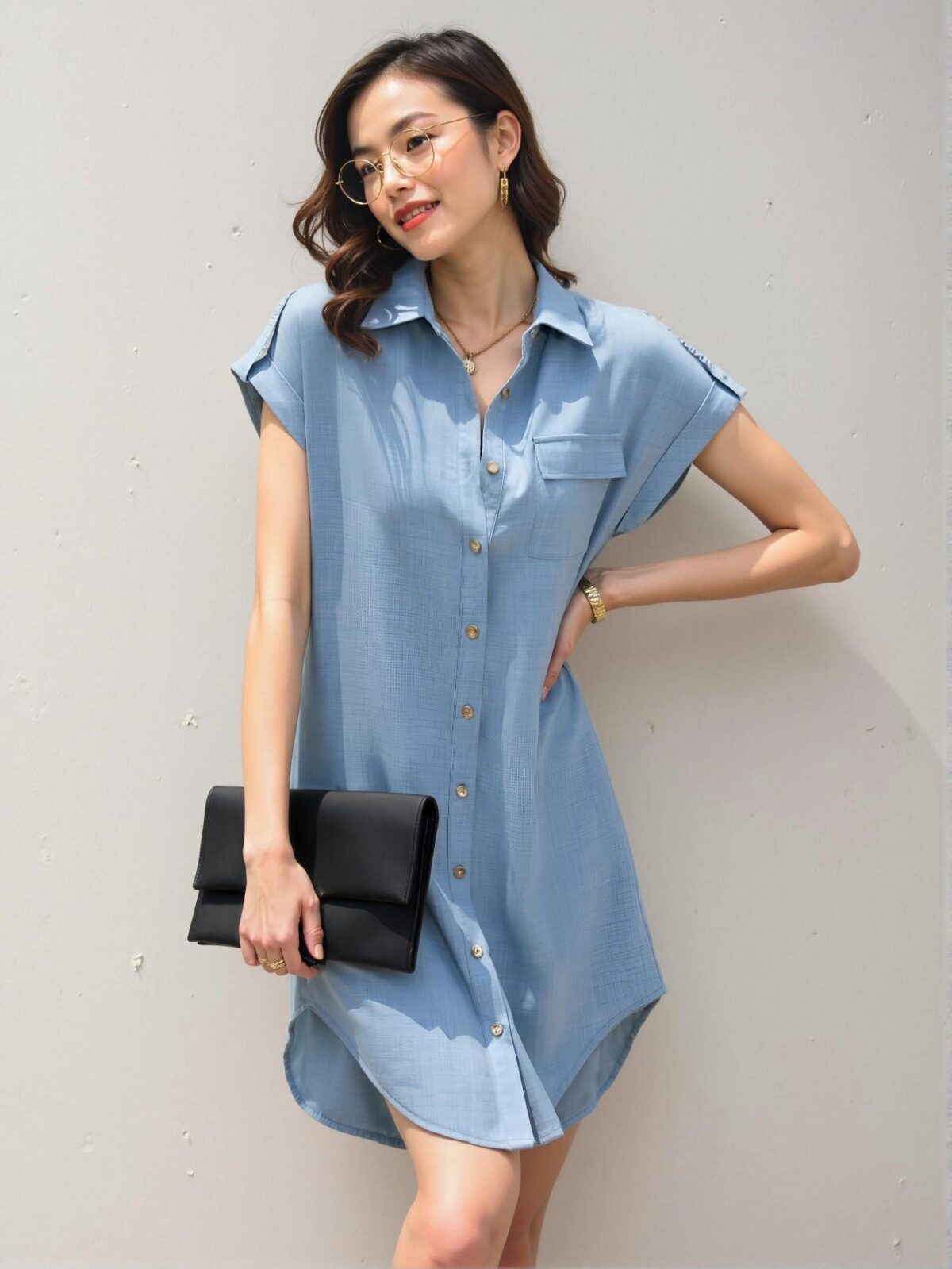 Elegant Baby Blue Stylish Flap Pocket Batwing Sleeve Shirt Dress for Spring and Summer Chic, Classy and Trendy Fashion Style to Dress to Impress - Image 5