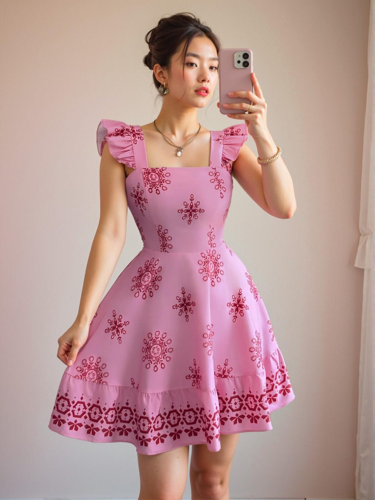 Elegant Pink Boho-Style Waist-Cinching Midi Dress with Back Tie-Up and Cap Sleeves for Vacation and Commute - Chic, Classy, and Trendy Fashion Style to Dress to Impress