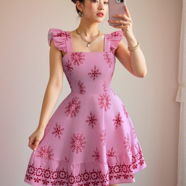Elegant Pink Boho-Style Waist-Cinching Midi Dress with Back Tie-Up and Cap Sleeves for Vacation and Commute - Chic, Classy, and Trendy Fashion Style to Dress to Impress