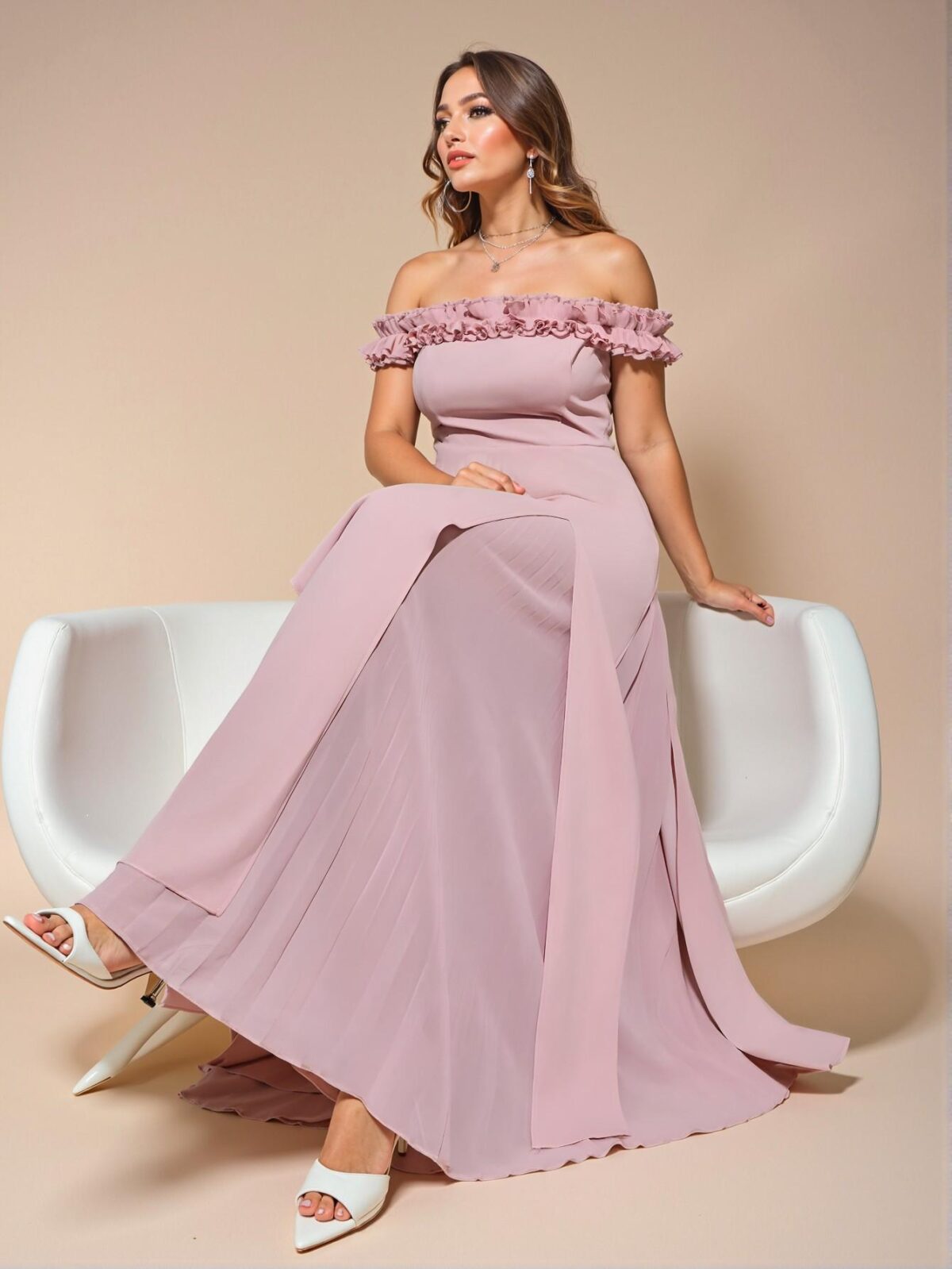Elegant Dusty Pink Off Shoulder Chiffon Pleated Maxi Dress with Romantic Lace Details for Wedding Guests in Spring and Summer - Chic, Classy and Trendy Fashion Style to Dress to Impress - Image 5