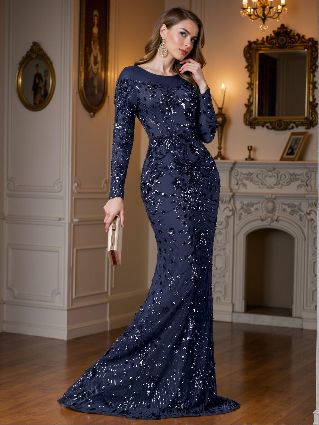 Elegant Navy Blue Luxurious Mermaid Hem Formal Dress for Various Celebrations Including Weddings, Graduations, and Parties, Perfect for Party, Prom, Graduation Day, and Ceremony for University, College, and High School, Formal Evening Dinner Cocktail, Wedding Guest Gown, Chic, Classy and Trendy Fashion Style to Dress to Impress
