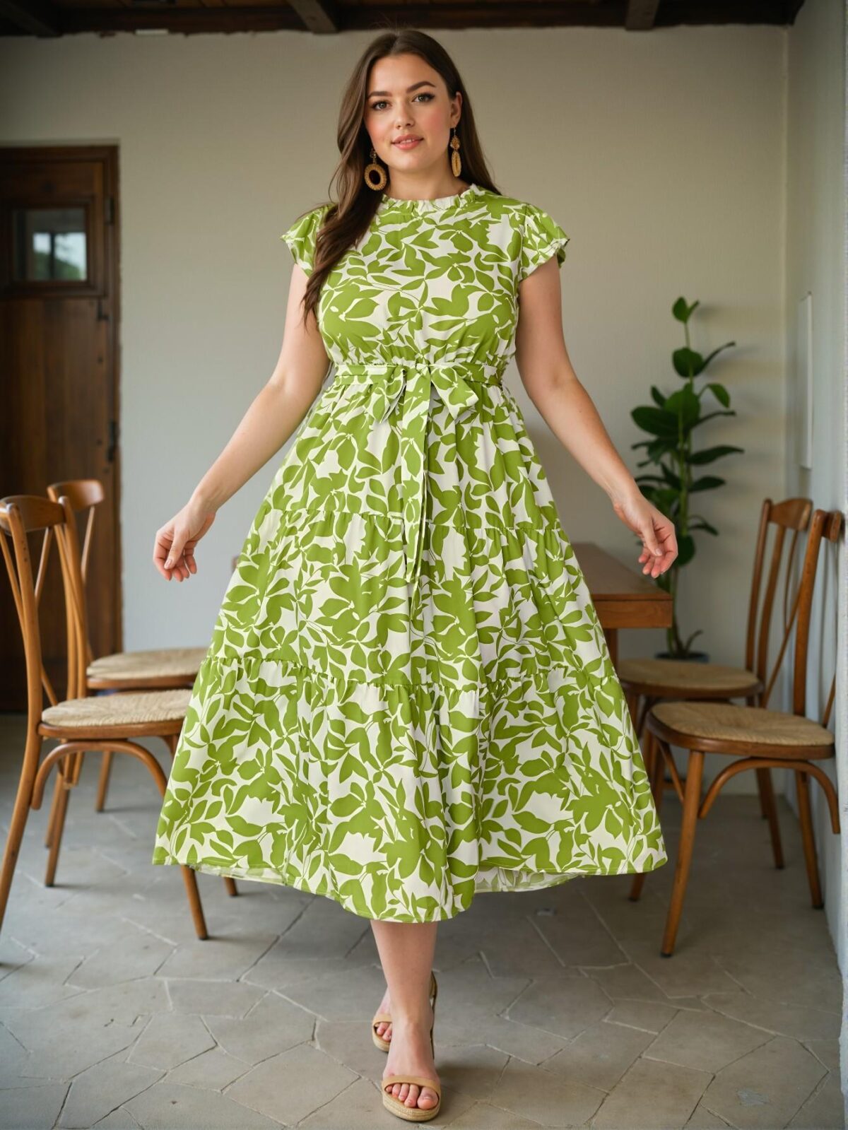 Elegant Multicolor Ruffle Collar Cap Sleeve Self-Tie Midi Dress for Spring and Summer Chic, Classy and Trendy Fashion Style to Dress to Impress