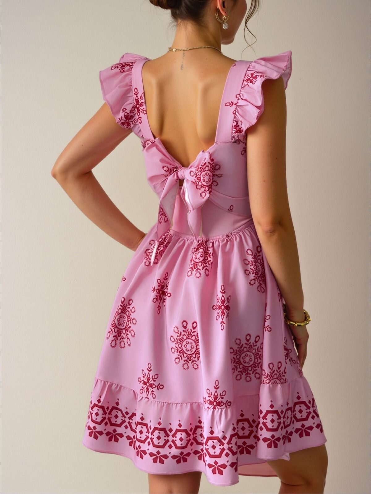 Elegant Pink Boho-Style Waist-Cinching Midi Dress with Back Tie-Up and Cap Sleeves for Vacation and Commute - Chic, Classy, and Trendy Fashion Style to Dress to Impress - Image 2