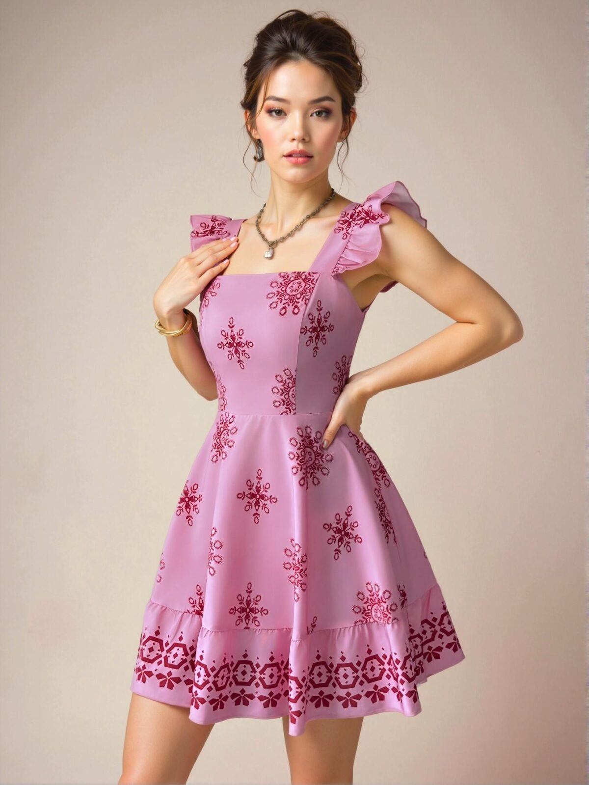 Elegant Pink Boho-Style Waist-Cinching Midi Dress with Back Tie-Up and Cap Sleeves for Vacation and Commute - Chic, Classy, and Trendy Fashion Style to Dress to Impress - Image 3