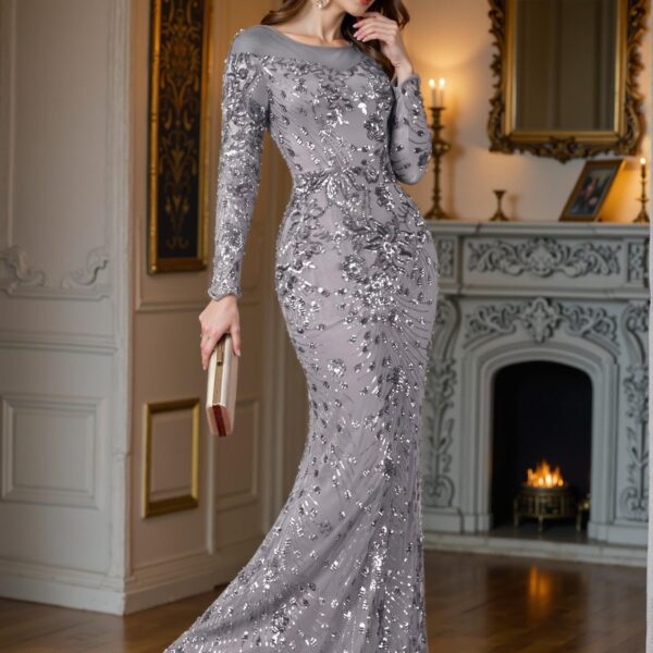 Elegant Dark Grey Bodycon Evening Dress with Comfortable Elastic Sequins, Perfect for Various Body Types and Occasions including Parties, Weddings, and Formal Events. Perfect for party, prom, graduation day, and ceremony for university, college, and high school, Formal Evening Dinner Cocktail, Wedding Guest Gown, Chic, Classy and Trendy Fashion Style to Dress to Impress.
