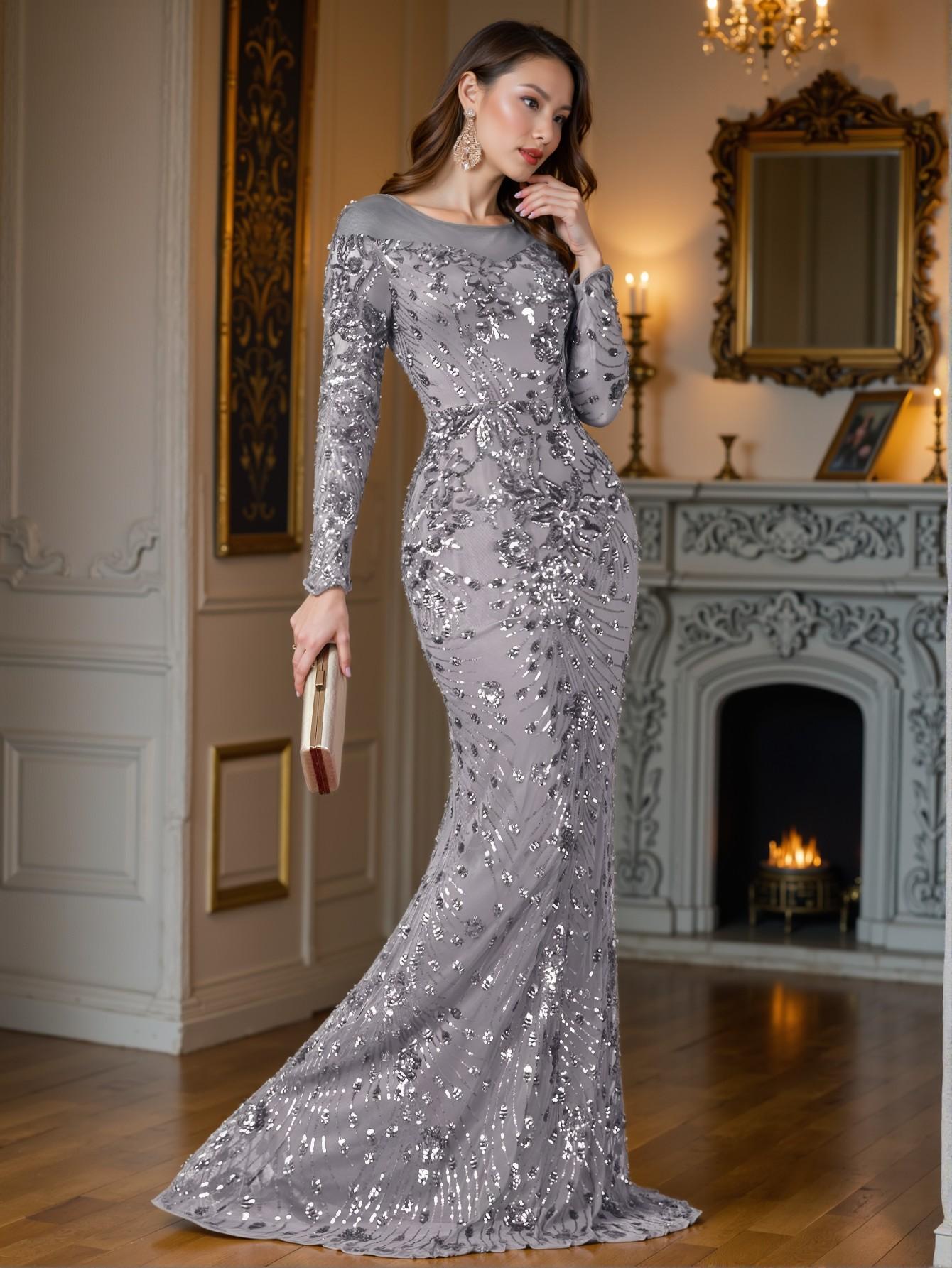 Elegant Dark Grey Bodycon Evening Dress with Comfortable Elastic Sequins, Perfect for Various Body Types and Occasions including Parties, Weddings, and Formal Events. Perfect for party, prom, graduation day, and ceremony for university, college, and high school, Formal Evening Dinner Cocktail, Wedding Guest Gown, Chic, Classy and Trendy Fashion Style to Dress to Impress.