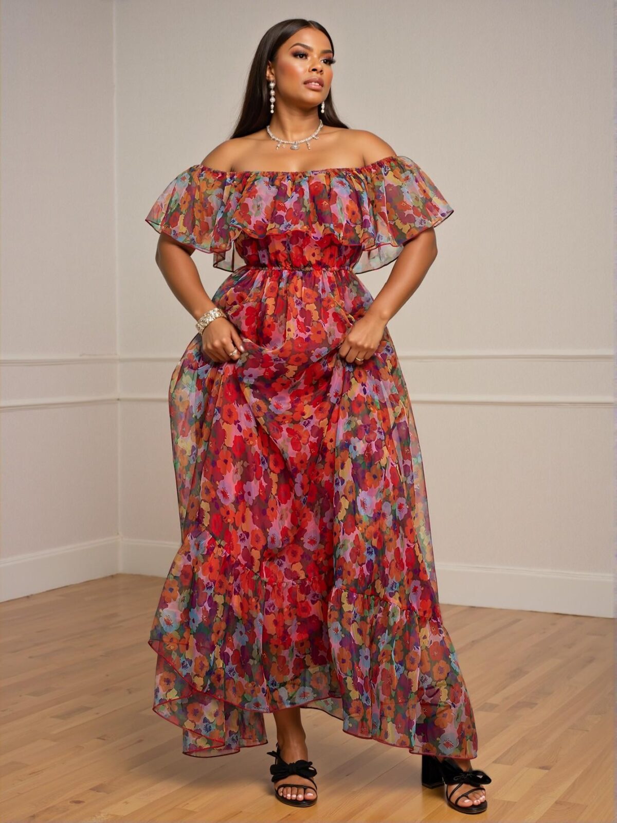 Elegant Red Off-Shoulder Floral Print Ruffle Hem Maxi Dress for Beach Parties and Dates - Chic, Classy and Trendy Fashion Style to Dress to Impress