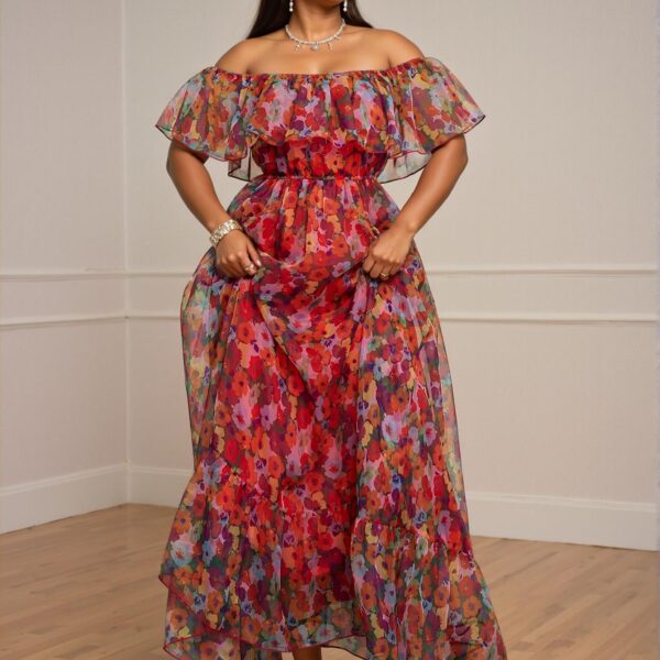 Elegant Red Off-Shoulder Floral Print Ruffle Hem Maxi Dress for Beach Parties and Dates - Chic, Classy and Trendy Fashion Style to Dress to Impress