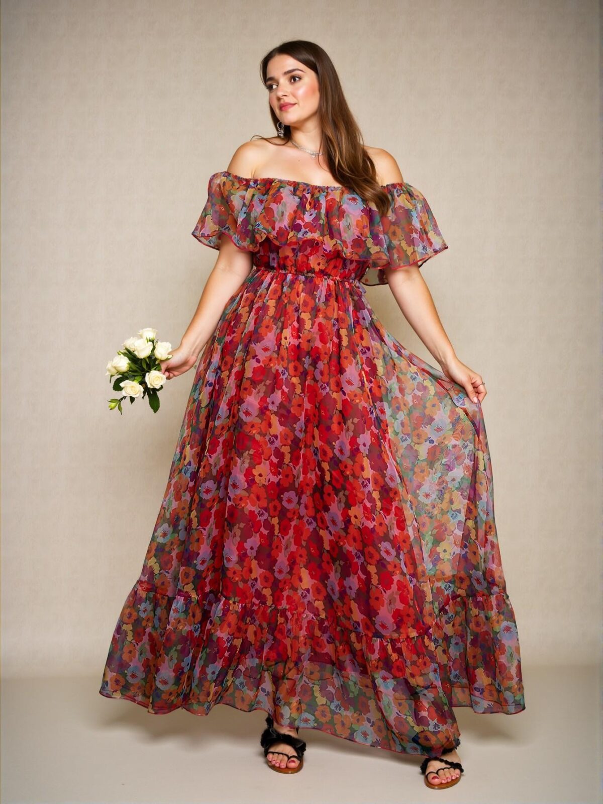 Elegant Red Off-Shoulder Floral Print Ruffle Hem Maxi Dress for Beach Parties and Dates - Chic, Classy and Trendy Fashion Style to Dress to Impress - Image 2