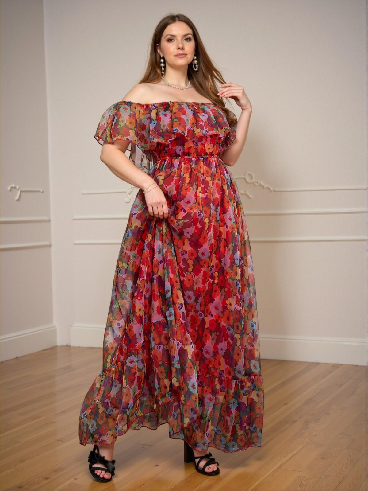 Elegant Red Off-Shoulder Floral Print Ruffle Hem Maxi Dress for Beach Parties and Dates - Chic, Classy and Trendy Fashion Style to Dress to Impress - Image 5