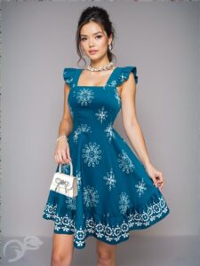 Elegant Teal Blue "Chic Fitted Mini Cap Sleeve Ruffle Backless Dress with Printed Design Perfect for Vacation and Casual Commuter Outings" "Chic, Classy and Trendy Fashion Style to Dress to Impress"