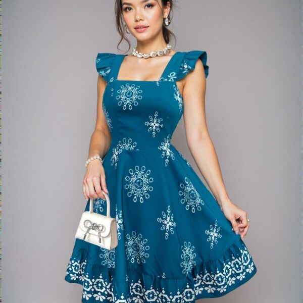 Elegant Teal Blue "Chic Fitted Mini Cap Sleeve Ruffle Backless Dress with Printed Design Perfect for Vacation and Casual Commuter Outings" "Chic, Classy and Trendy Fashion Style to Dress to Impress"