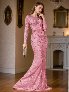 Elegant Dusty Pink Floral Sequin Mesh Long Sleeve Fitted Mermaid Hem Dress, Ideal for Weddings, Graduations, Parties, and Various Formal Events. Perfect for party, prom, graduation day, and ceremony for university, college, and high school, Formal Evening Dinner Cocktail, Wedding Guest Gown, Chic, Classy and Trendy Fashion Style to Dress to Impress.