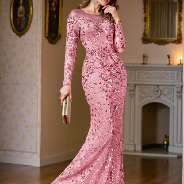 Elegant Dusty Pink Floral Sequin Mesh Long Sleeve Fitted Mermaid Hem Dress, Ideal for Weddings, Graduations, Parties, and Various Formal Events. Perfect for party, prom, graduation day, and ceremony for university, college, and high school, Formal Evening Dinner Cocktail, Wedding Guest Gown, Chic, Classy and Trendy Fashion Style to Dress to Impress.