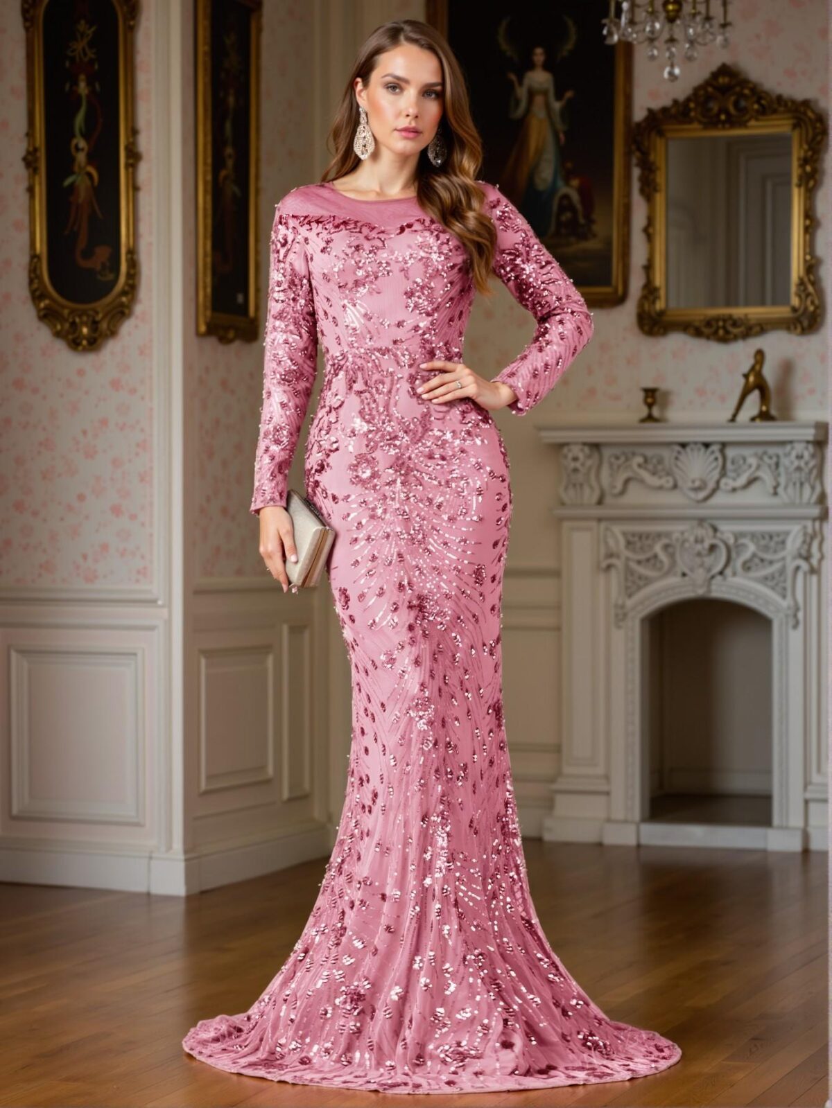 Elegant Dusty Pink Floral Sequin Mesh Long Sleeve Fitted Mermaid Hem Dress, Ideal for Weddings, Graduations, Parties, and Various Formal Events. Perfect for party, prom, graduation day, and ceremony for university, college, and high school, Formal Evening Dinner Cocktail, Wedding Guest Gown, Chic, Classy and Trendy Fashion Style to Dress to Impress. - Image 2