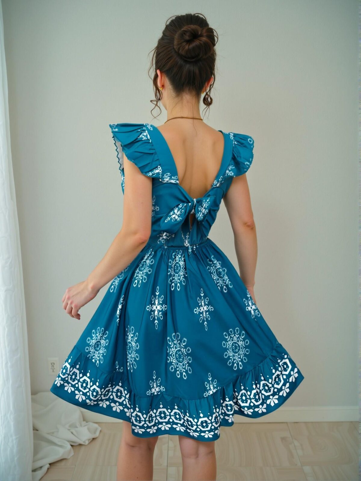 Elegant Teal Blue "Chic Fitted Mini Cap Sleeve Ruffle Backless Dress with Printed Design Perfect for Vacation and Casual Commuter Outings" "Chic, Classy and Trendy Fashion Style to Dress to Impress" - Image 2