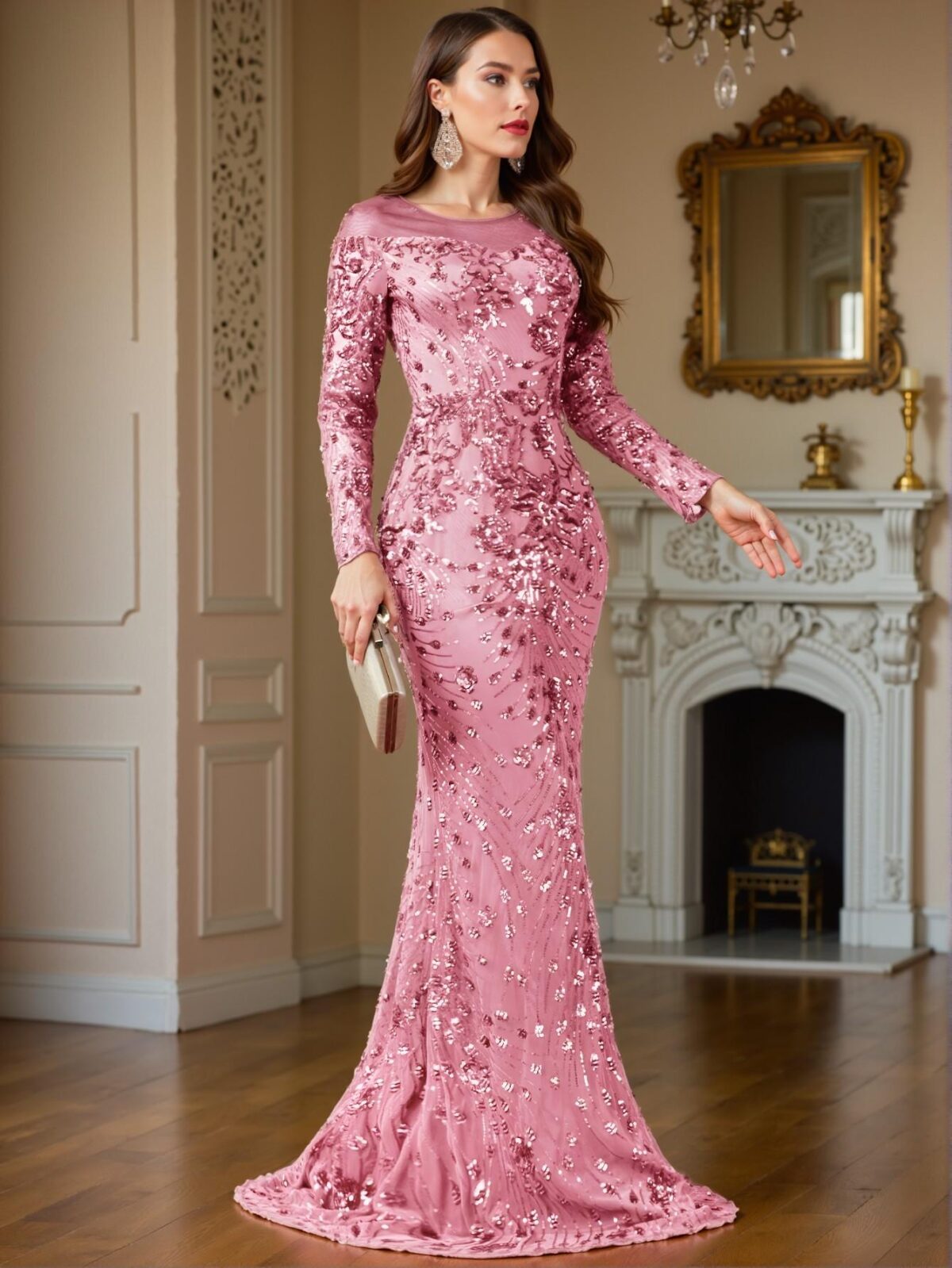 Elegant Dusty Pink Floral Sequin Mesh Long Sleeve Fitted Mermaid Hem Dress, Ideal for Weddings, Graduations, Parties, and Various Formal Events. Perfect for party, prom, graduation day, and ceremony for university, college, and high school, Formal Evening Dinner Cocktail, Wedding Guest Gown, Chic, Classy and Trendy Fashion Style to Dress to Impress. - Image 3