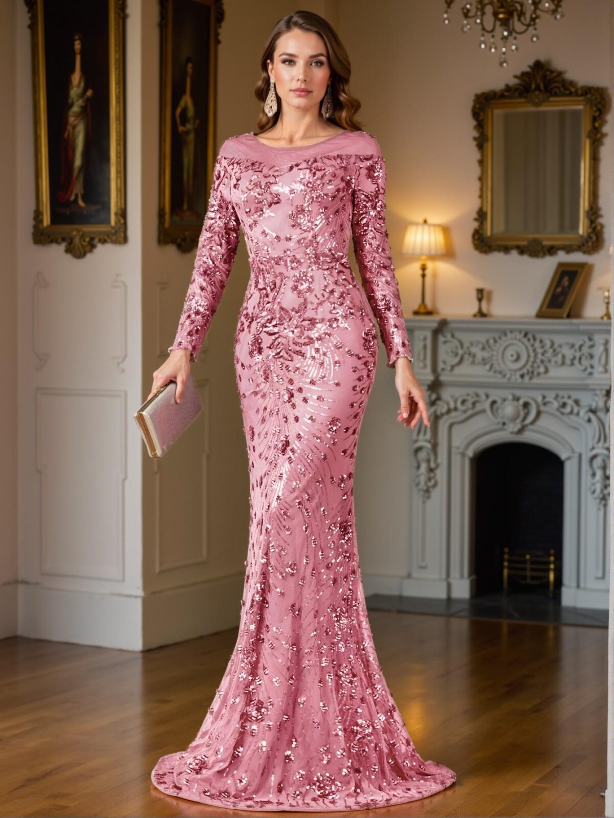 Elegant Dusty Pink Floral Sequin Mesh Long Sleeve Fitted Mermaid Hem Dress, Ideal for Weddings, Graduations, Parties, and Various Formal Events. Perfect for party, prom, graduation day, and ceremony for university, college, and high school, Formal Evening Dinner Cocktail, Wedding Guest Gown, Chic, Classy and Trendy Fashion Style to Dress to Impress. - Image 4