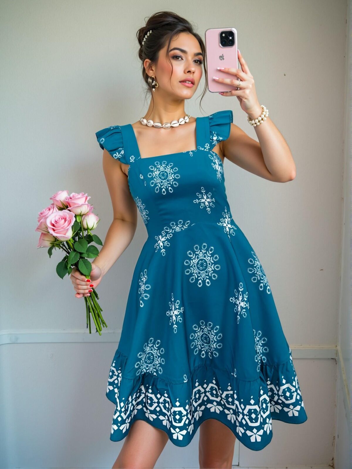 Elegant Teal Blue "Chic Fitted Mini Cap Sleeve Ruffle Backless Dress with Printed Design Perfect for Vacation and Casual Commuter Outings" "Chic, Classy and Trendy Fashion Style to Dress to Impress" - Image 4