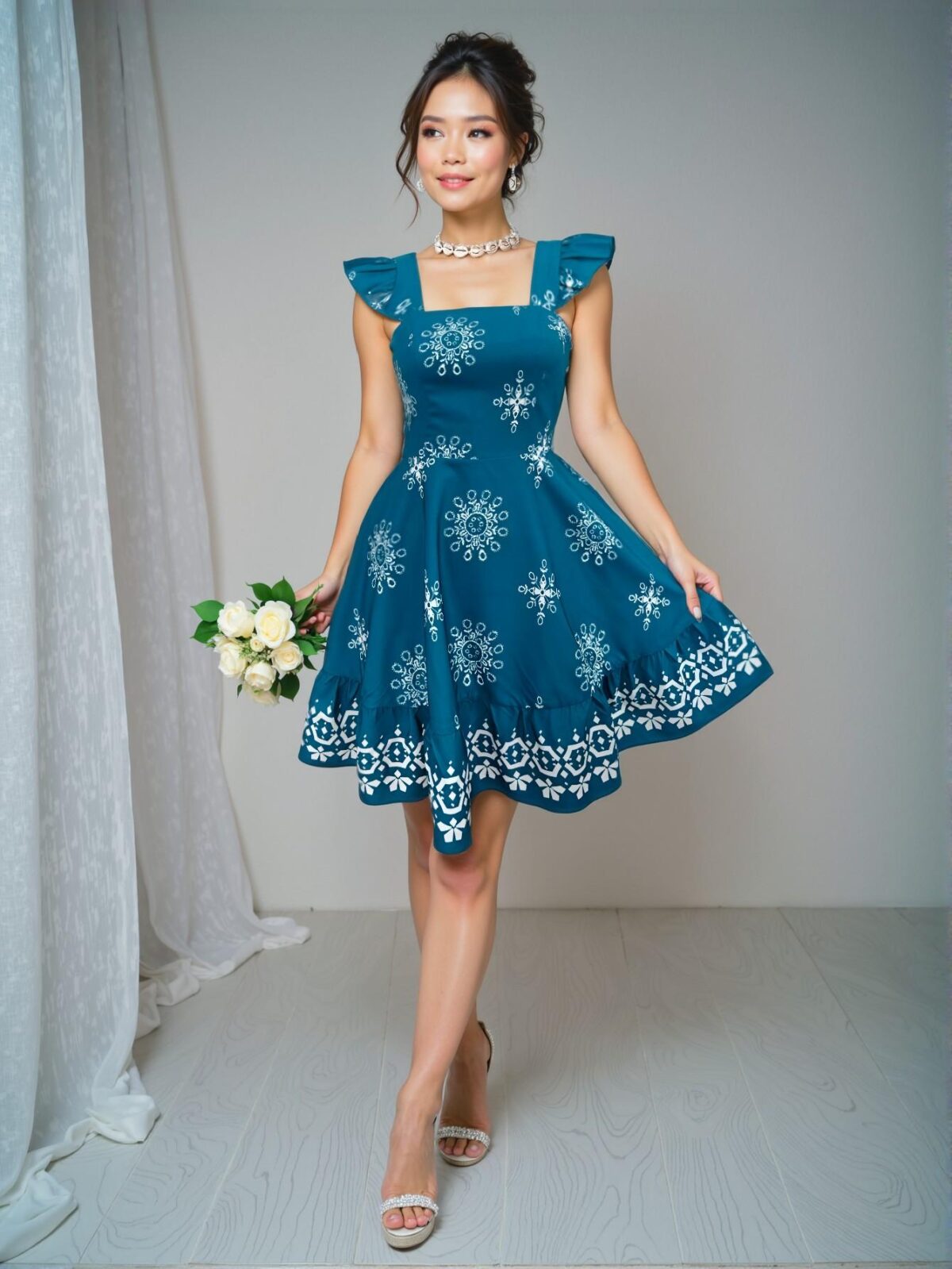 Elegant Teal Blue "Chic Fitted Mini Cap Sleeve Ruffle Backless Dress with Printed Design Perfect for Vacation and Casual Commuter Outings" "Chic, Classy and Trendy Fashion Style to Dress to Impress" - Image 5