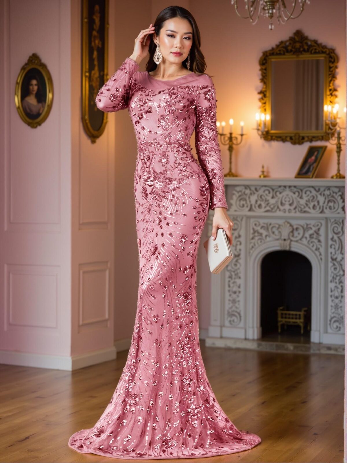 Elegant Dusty Pink Floral Sequin Mesh Long Sleeve Fitted Mermaid Hem Dress, Ideal for Weddings, Graduations, Parties, and Various Formal Events. Perfect for party, prom, graduation day, and ceremony for university, college, and high school, Formal Evening Dinner Cocktail, Wedding Guest Gown, Chic, Classy and Trendy Fashion Style to Dress to Impress. - Image 5