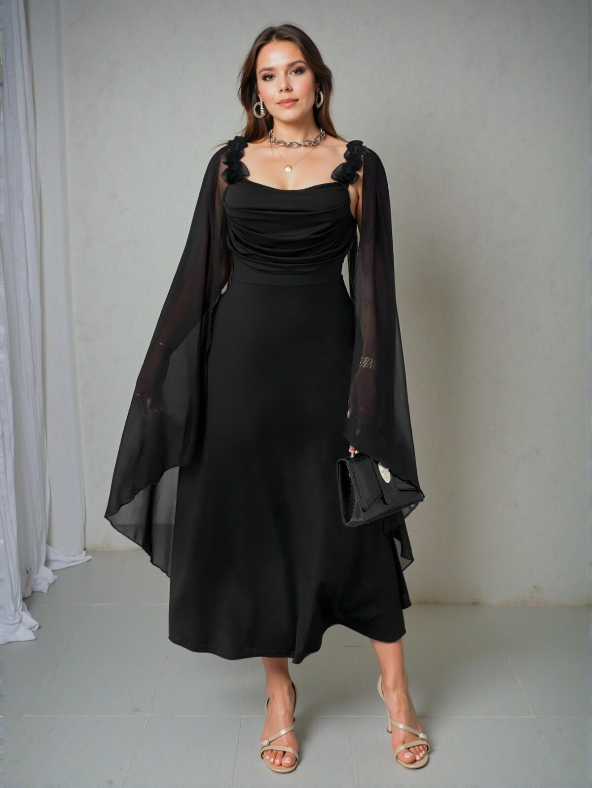 Elegant Black Off-The-Shoulder Ruffle Sleeve Floral Dress for Special Occasions - Chic, Classy and Trendy Fashion Style to Dress to Impress - Image 4