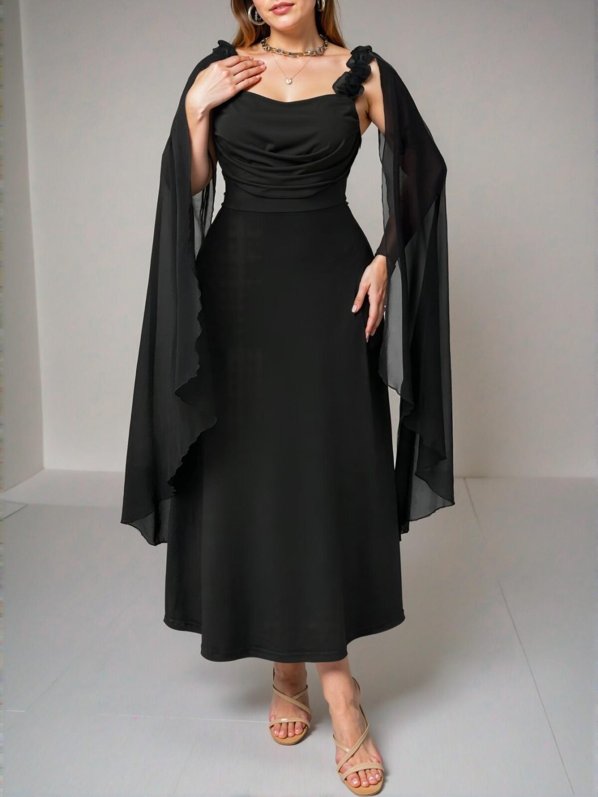 Elegant Black Off-The-Shoulder Ruffle Sleeve Floral Dress for Special Occasions - Chic, Classy and Trendy Fashion Style to Dress to Impress - Image 5
