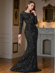 Elegant Black Bodycon Mermaid Dress with Unique Perspective Round Neck, Long Sleeves, and Slim Fit Design for Luxurious Style, Perfect for Party, Prom, Graduation Day, and Ceremony for University, College, and High School, Formal Evening Dinner Cocktail, Wedding Guest Gown, Chic, Classy and Trendy Fashion Style to Dress to Impress.