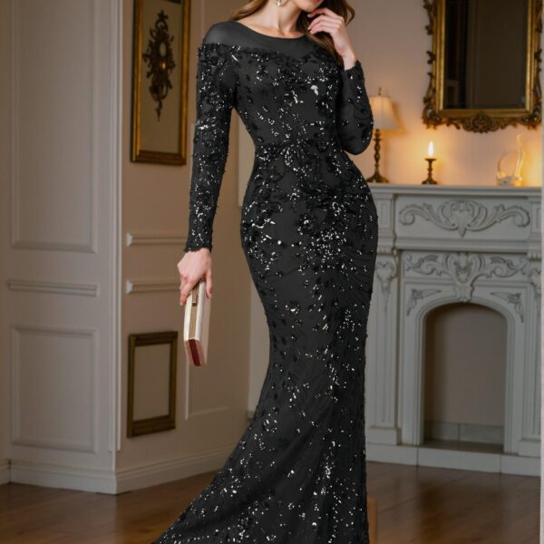 Elegant Black Bodycon Mermaid Dress with Unique Perspective Round Neck, Long Sleeves, and Slim Fit Design for Luxurious Style, Perfect for Party, Prom, Graduation Day, and Ceremony for University, College, and High School, Formal Evening Dinner Cocktail, Wedding Guest Gown, Chic, Classy and Trendy Fashion Style to Dress to Impress.