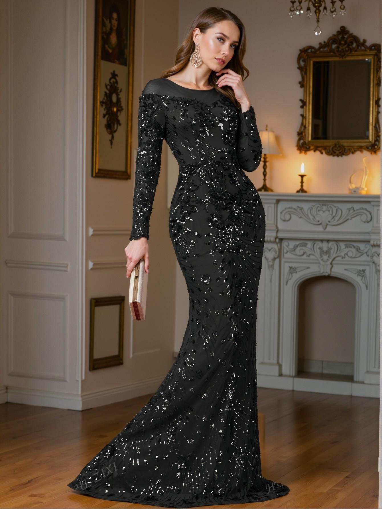 Elegant Black Bodycon Mermaid Dress with Unique Perspective Round Neck, Long Sleeves, and Slim Fit Design for Luxurious Style, Perfect for Party, Prom, Graduation Day, and Ceremony for University, College, and High School, Formal Evening Dinner Cocktail, Wedding Guest Gown, Chic, Classy and Trendy Fashion Style to Dress to Impress.