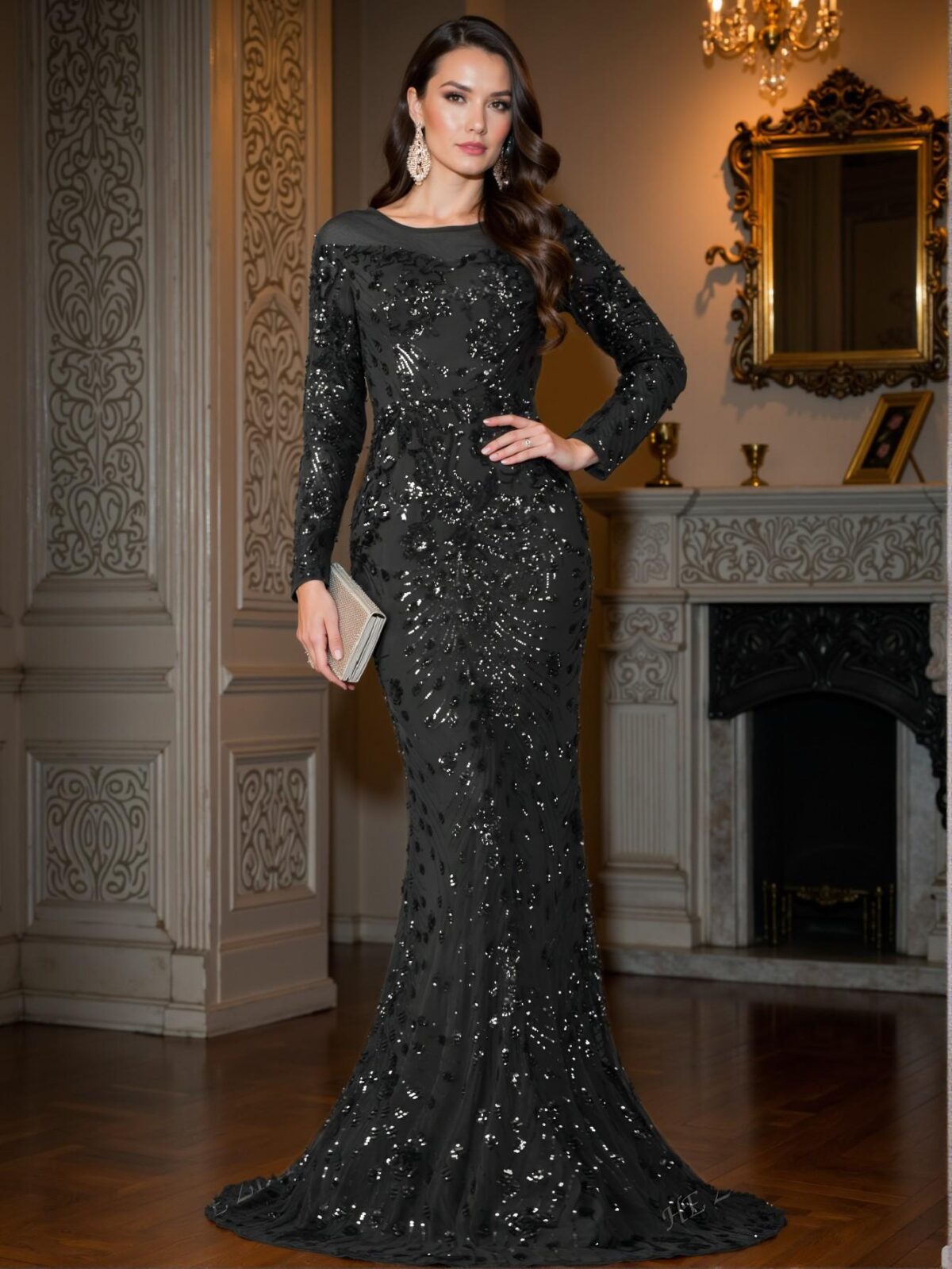 Elegant Black Bodycon Mermaid Dress with Unique Perspective Round Neck, Long Sleeves, and Slim Fit Design for Luxurious Style, Perfect for Party, Prom, Graduation Day, and Ceremony for University, College, and High School, Formal Evening Dinner Cocktail, Wedding Guest Gown, Chic, Classy and Trendy Fashion Style to Dress to Impress. - Image 2