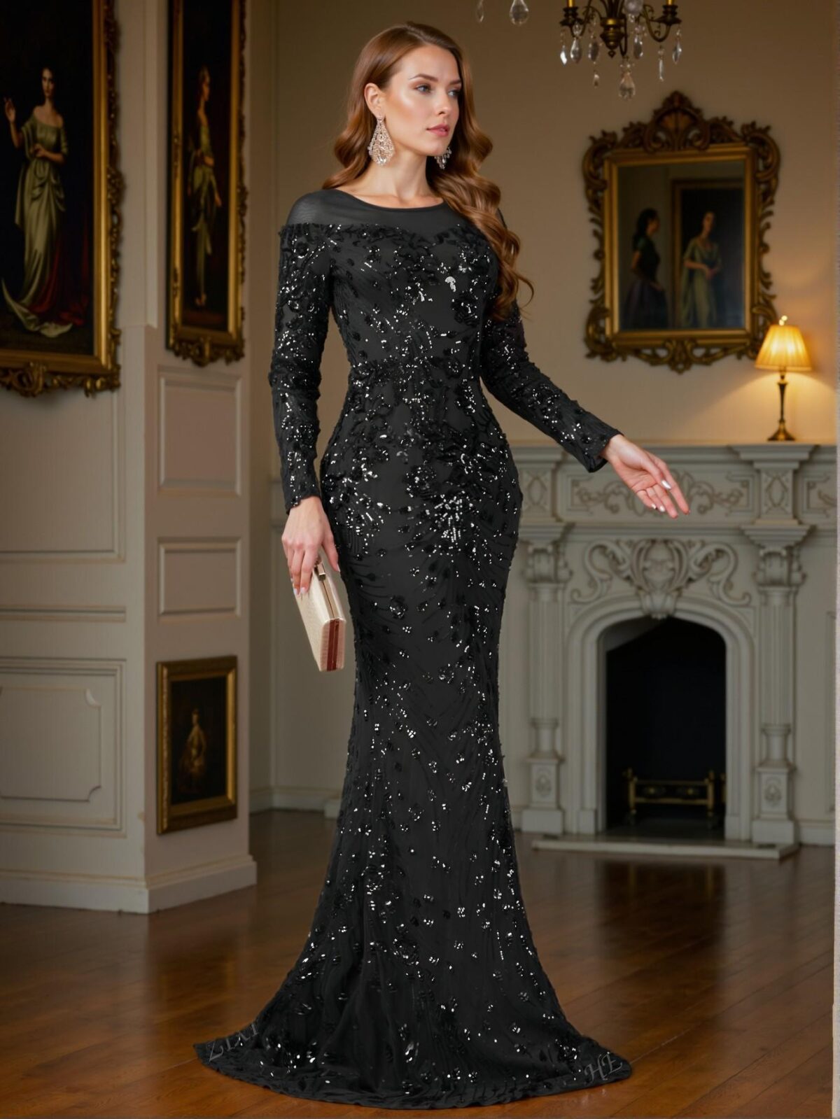 Elegant Black Bodycon Mermaid Dress with Unique Perspective Round Neck, Long Sleeves, and Slim Fit Design for Luxurious Style, Perfect for Party, Prom, Graduation Day, and Ceremony for University, College, and High School, Formal Evening Dinner Cocktail, Wedding Guest Gown, Chic, Classy and Trendy Fashion Style to Dress to Impress. - Image 3