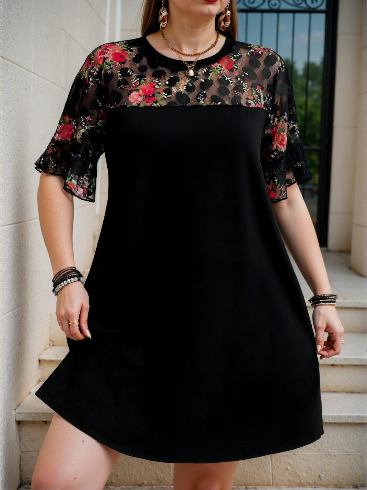 Elegant Black Floral Lace Patchwork Dress for Spring and Summer - Chic, Classy, and Trendy Fashion Style to Dress to Impress - Image 4