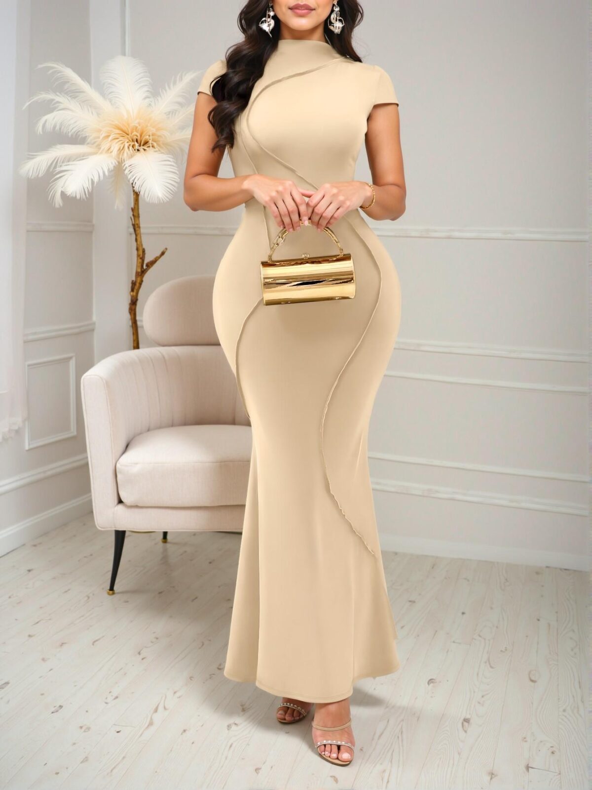 Elegant Apricot Sleek Silhouette Slit Maxi Dress for Effortless Spring and Summer Commuting Style "Chic, Classy and Trendy Fashion Style to Dress to Impress" - Image 5