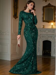 Elegant Dark Green High-Quality Elastic Sequin Dress with a Comfortable Fit, Unique Perspective Round Neck, Long Sleeves, Slim Fitting Fishtail Hem, Perfect for Various Body Types and Formal Occasions. Perfect for party, prom, graduation day, and ceremony for university, college, and high school, Formal Evening Dinner Cocktail, Wedding Guest Gown, Chic, Classy and Trendy Fashion Style to Dress to Impress.