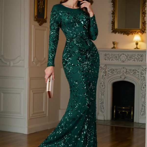 Elegant Dark Green High-Quality Elastic Sequin Dress with a Comfortable Fit, Unique Perspective Round Neck, Long Sleeves, Slim Fitting Fishtail Hem, Perfect for Various Body Types and Formal Occasions. Perfect for party, prom, graduation day, and ceremony for university, college, and high school, Formal Evening Dinner Cocktail, Wedding Guest Gown, Chic, Classy and Trendy Fashion Style to Dress to Impress.