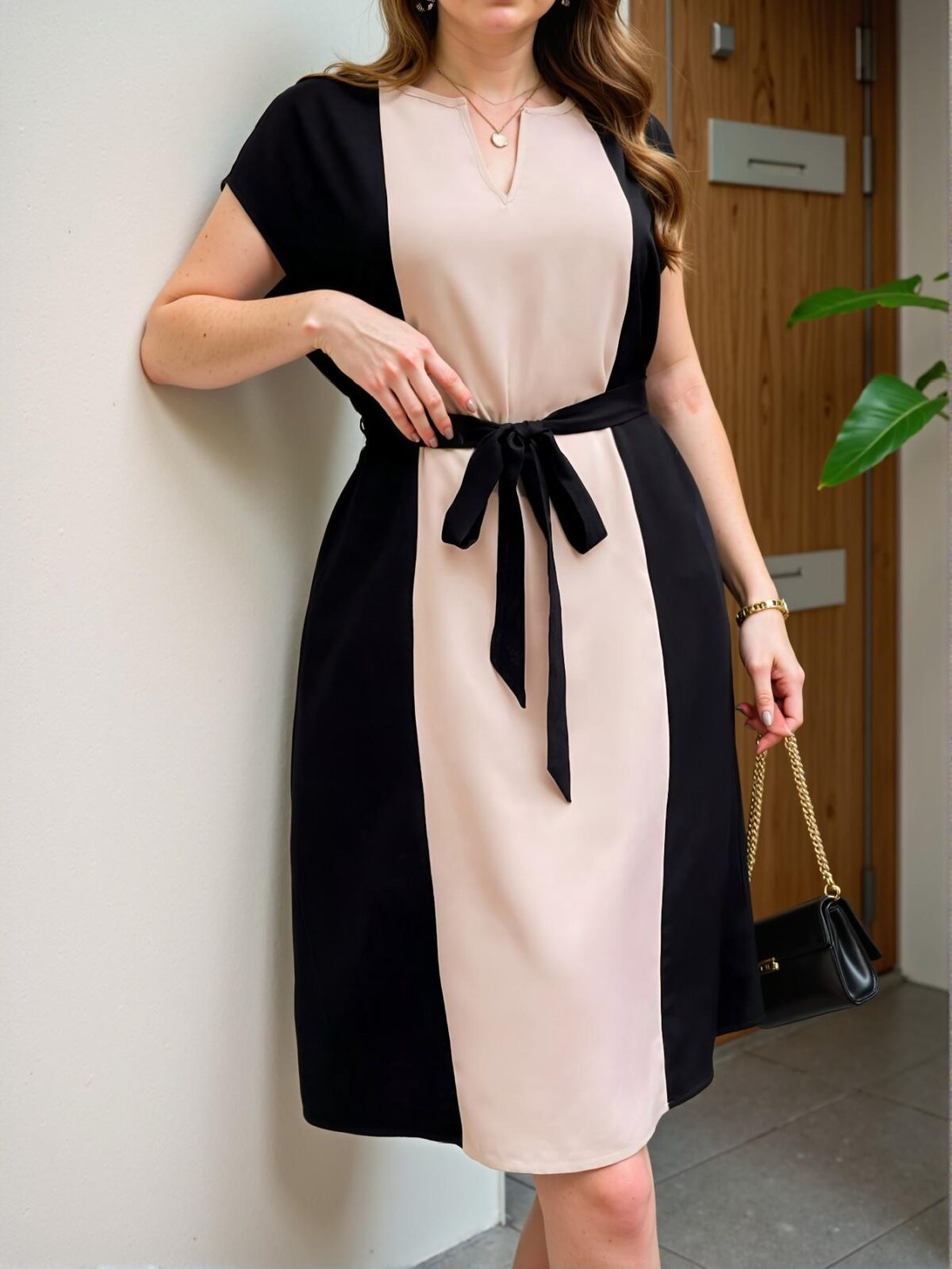 Elegant Black and White Stylish Color-Block V-Neck Waist Tie Midi Dress for Spring and Summer - Chic, Classy, and Trendy Fashion Style to Dress to Impress
