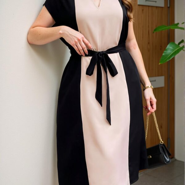Elegant Black and White Stylish Color-Block V-Neck Waist Tie Midi Dress for Spring and Summer - Chic, Classy, and Trendy Fashion Style to Dress to Impress