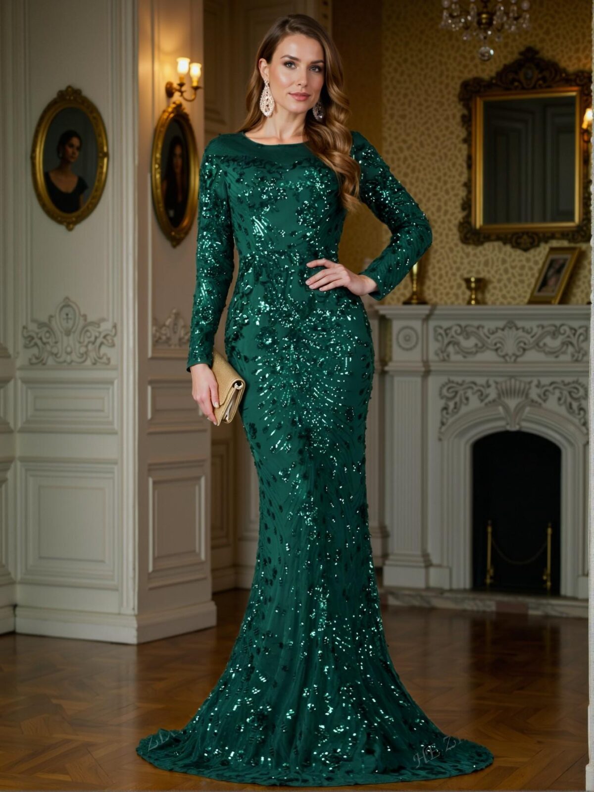 Elegant Dark Green High-Quality Elastic Sequin Dress with a Comfortable Fit, Unique Perspective Round Neck, Long Sleeves, Slim Fitting Fishtail Hem, Perfect for Various Body Types and Formal Occasions. Perfect for party, prom, graduation day, and ceremony for university, college, and high school, Formal Evening Dinner Cocktail, Wedding Guest Gown, Chic, Classy and Trendy Fashion Style to Dress to Impress. - Image 2