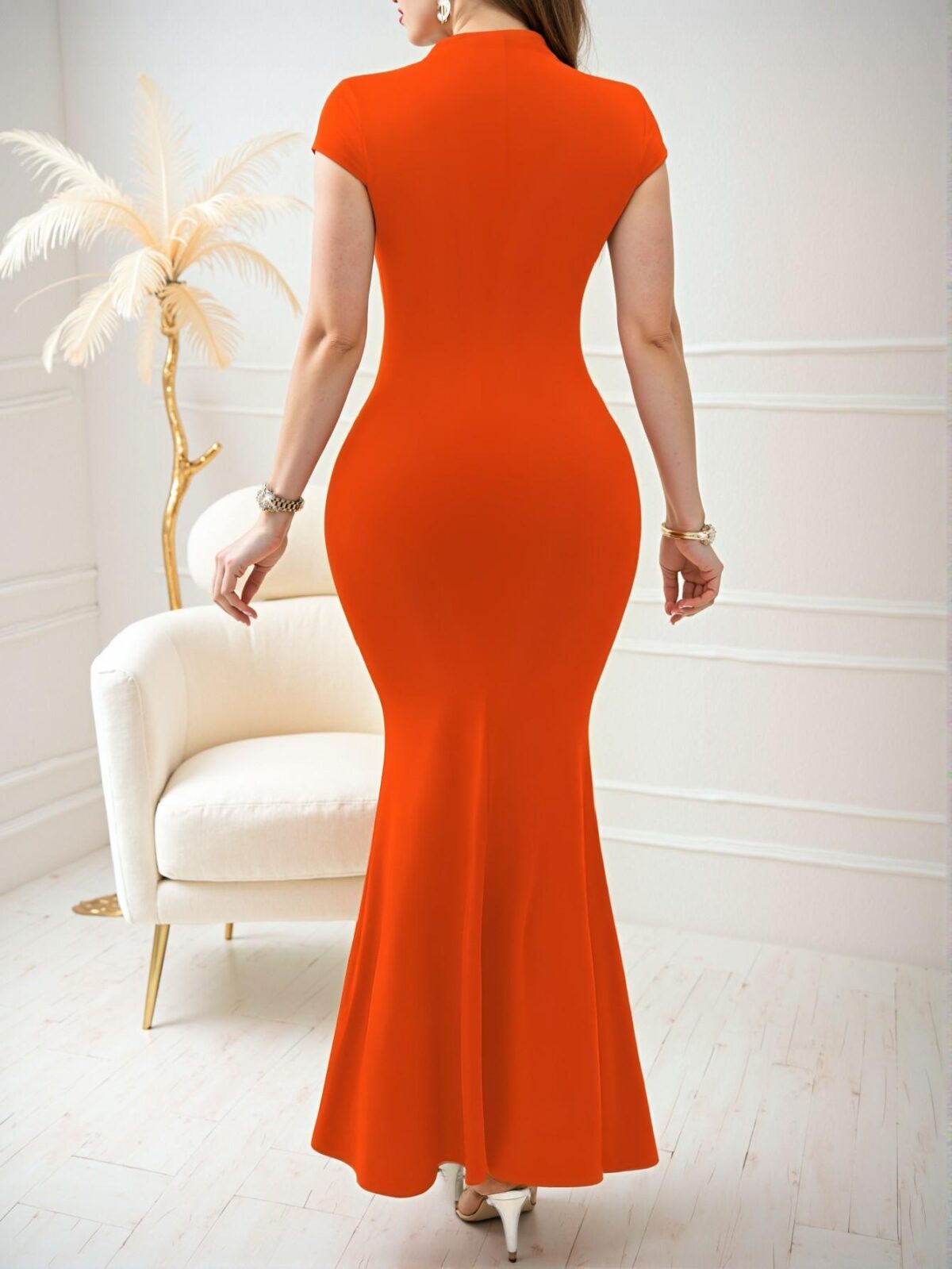 Elegant Orange Strappy Seam Detail Slit Fishtail Maxi Dress for Casual Spring and Summer Commuting - Chic, Classy and Trendy Fashion Style to Dress to Impress - Image 2