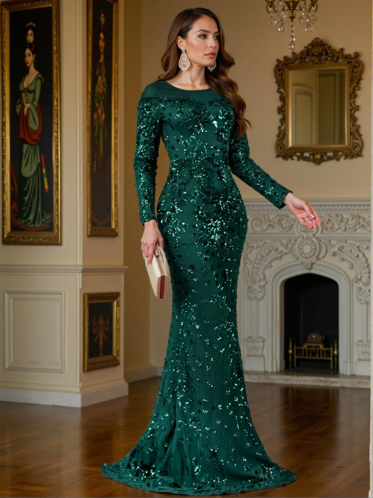 Elegant Dark Green High-Quality Elastic Sequin Dress with a Comfortable Fit, Unique Perspective Round Neck, Long Sleeves, Slim Fitting Fishtail Hem, Perfect for Various Body Types and Formal Occasions. Perfect for party, prom, graduation day, and ceremony for university, college, and high school, Formal Evening Dinner Cocktail, Wedding Guest Gown, Chic, Classy and Trendy Fashion Style to Dress to Impress. - Image 3